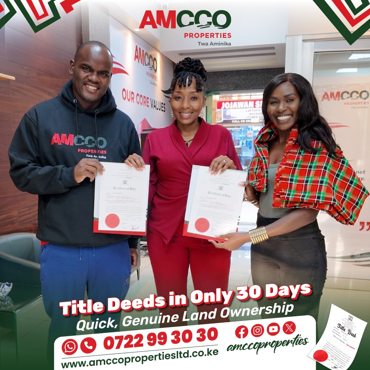 AmccoProperties's tweet photo. Let’s be honest, nobody wants to buy land and then spend months chasing down a title deed.
Real trust means seeing results, not just hearing promises. 

Congratulations to our client on securing land with us.

Ready to invest with confidence? Talk to us today.
 Call us on 0722 993 030 | WhatsApp via https://t.co/gYseugSNix 
 
#amccoproperties #happyclient #titledeeds