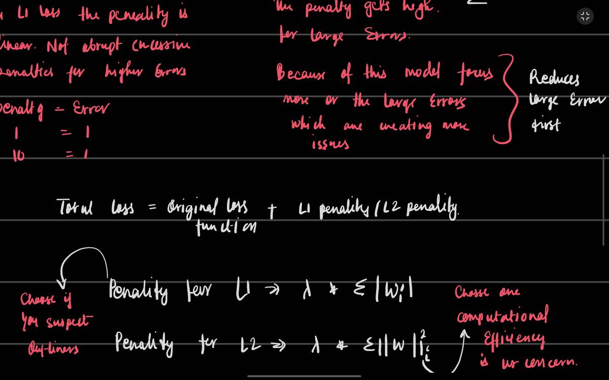xnishidh's tweet photo. L1 & L2 loss functions

helps a ml model to reduce error and avoid overfitting, for regression we use loss functions 
 
- l1 loss > mean absolute error (MAE) 
- l2 loss > mean squared error (MSE)

for L1 loss function measures your absolute difference between the actual value and the predicted value 

therfore the graph is linear for error and penalty 
if the error comes to be 10 then the penalty is 10 

>> error = penalty 

hence big errors don'ts get excessive penalties. In L1 every unit of error is equally bad 

This is also called Mean Absolute Error(MAE).

for L2 loss function measure the overall discrepancy between a models predicted values and the actual target value by summing up the error before average

therfore the graph is linear for error and penalty
if the error comes to be 10 then the penalty is 100

>> (error)^2 = penalty

hence it reduces large error firsts by making adjustments

During training

model make predictions 
                  |
computes the absolute error 
                  |
use gradient descent to adjust weights to reduce errors 

w = w − η × gradient

Total loss = Actual loss + penality

for L1 > Λ + sum( | Wi | )
 for L1 > Λ + sum( (| | W | |i )^2 )

L1 is more resistant to outliers, while L2 is more sensitive to them