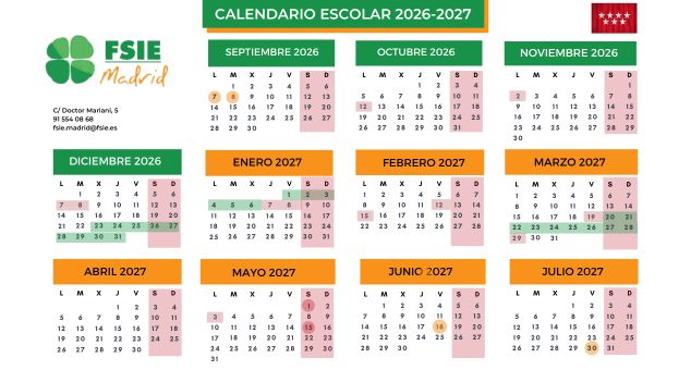 fsiemadrid's tweet photo. 📅 Ya se ha publicado en el BOCM el #CalendarioEscolar20262027. 

🍀 Desde #FSIEMadrid celebramos la inclusión de los días 12/02 y 15/02 como días no lectivos, tal y como se reclamó a la Consejería de Educación.

Consulta aquí el calendario completo🔗https://t.co/fgrpE5Lhmc https://t.co/EuDLrWiYIC