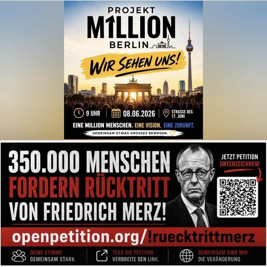 GermanyFre82047's tweet photo. Am 9. Juni findet eine weitere Übergabe der Petition im Bundeskanzleramt statt.

Bis dahin zählt jede Stimme.
Jede Unterschrift.
Jedes Teilen.

📍 Berlin – Straße des 17. Juni
🕘 8. Juni | 09:00 Uhr Demo + Umzug

👉 Petition teilen &amp; unterstützen:
https://t.co/P57E86AqX8 https://t.co/yMKoQqs7d4