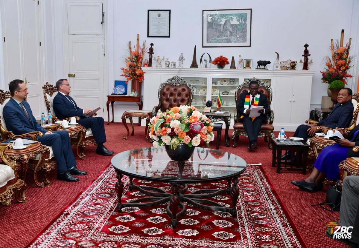 ZBCNewsonline's tweet photo. SWISS ENVOY BIDS FAREWELL TO PRESIDENT MNANGAGWA

Outgoing Switzerland Ambassador to Zimbabwe, Mr Stéphane Rey, paid a farewell call on President Dr Emmerson Mnangagwa at State House in Harare this Friday as he concluded his diplomatic mission in the country. The meeting reflected the cordial relations between Zimbabwe and Switzerland and provided an opportunity to reflect on areas of cooperation during his tenure.

#Diplomacy #Zimbabwe #Switzerland #StateHouse #EmmersonMnangagwa #ZBCNews