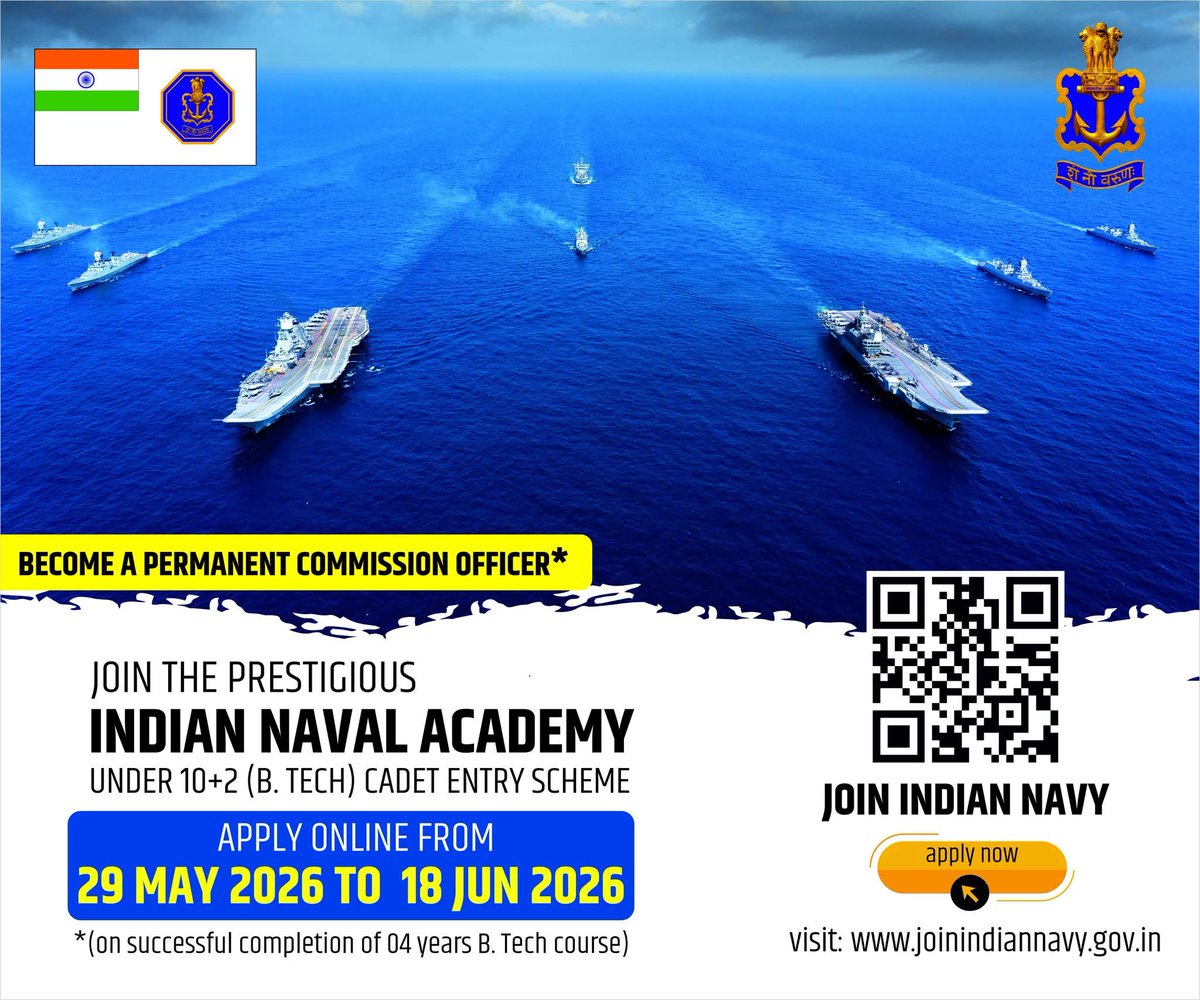 Defencetamil's tweet photo. Join Indian Navy

Indian Navy invites applications for 10+2 B Tech Cadet Entry Scheme (Permanent Commission)

Online Application Window closes on 18 June 2026 

#JoinIndianNavy     

For more details visit https://t.co/G1N4Xi1Kcp     

Last Date for submission 18 June 2026 https://t.co/ymf3ZD1zqK