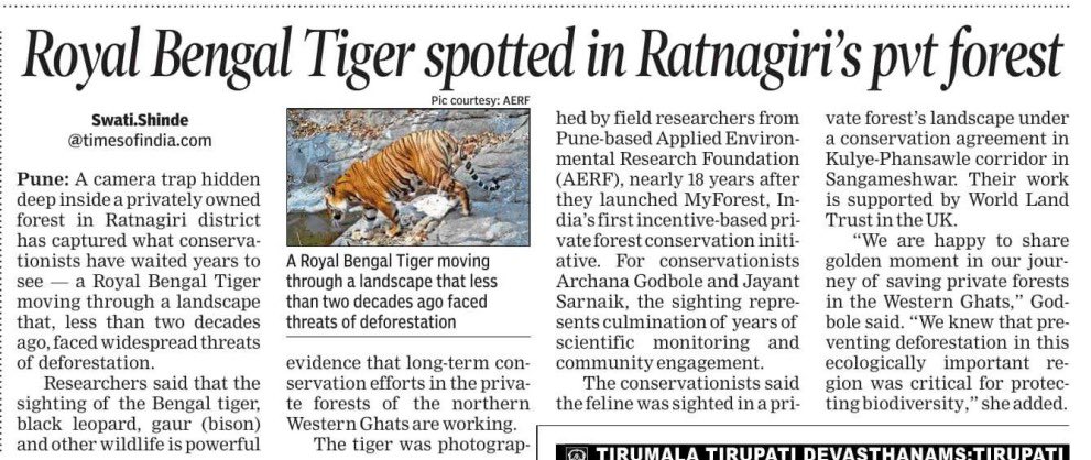 marinebharat's tweet photo. Royal Bengal Tiger has been spotted in my village district Sangameshwar, Ratnagiri for the first time in history

Great News for Konkan and Maharashtra

Pic Source - Times of India Page 10 https://t.co/XfUjaUKNSZ