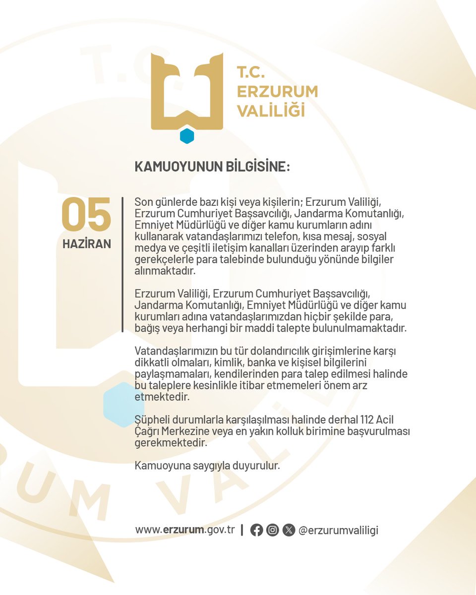 ErzurumValiligi's tweet photo. 📢 KAMUOYUNUN BİLGİSİNE https://t.co/TE9cW9ml4p