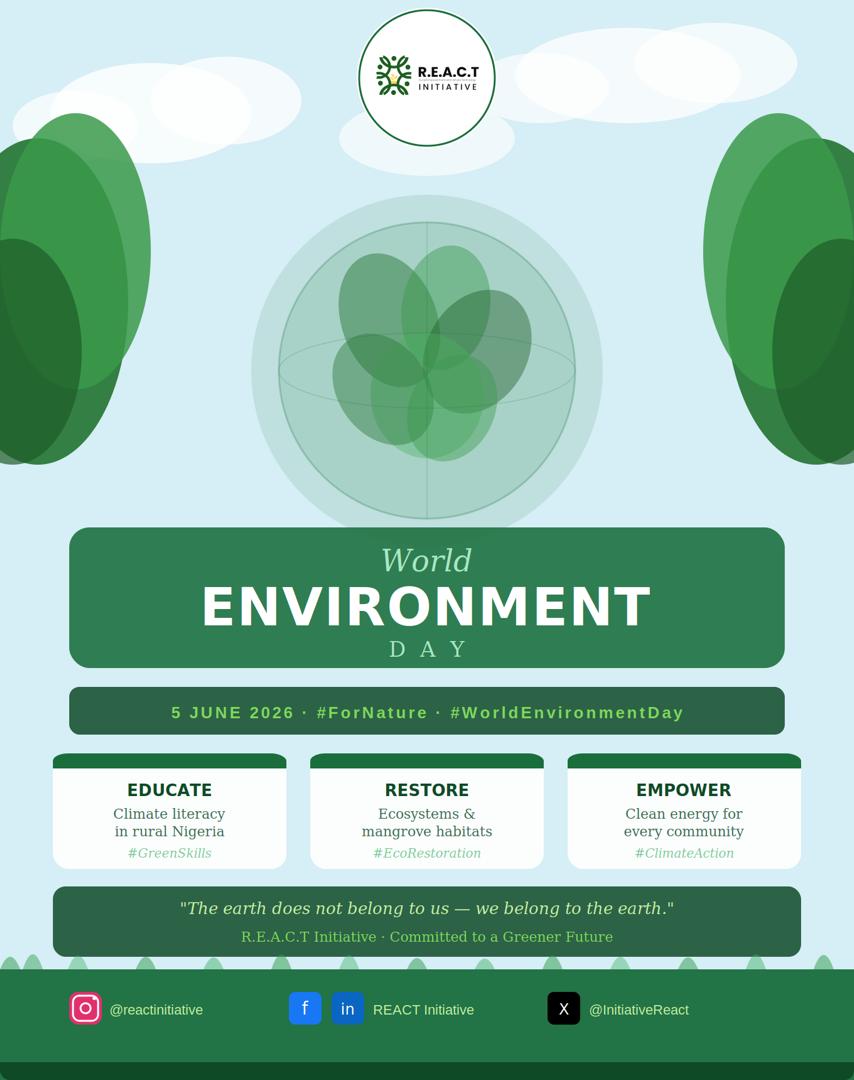 InitiativeReact's tweet photo. This World Environment Day, let us remember that every small action counts. Together, we can protect our planet, reduce waste, and build a greener future for generations to come.
A healthy environment starts with us.
#WorldEnvironmentDay  
#ReactInitiative 
#Sustainability https://t.co/6vScvHzPLJ