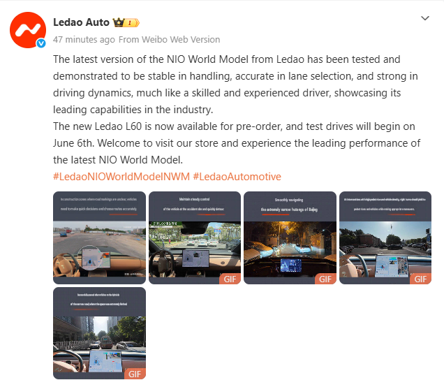 Klp168's tweet photo. $NIO 
The new Ledao L60 is now available for pre-order, and test drives will begin on June 6th. https://t.co/KhMAGmhEIS