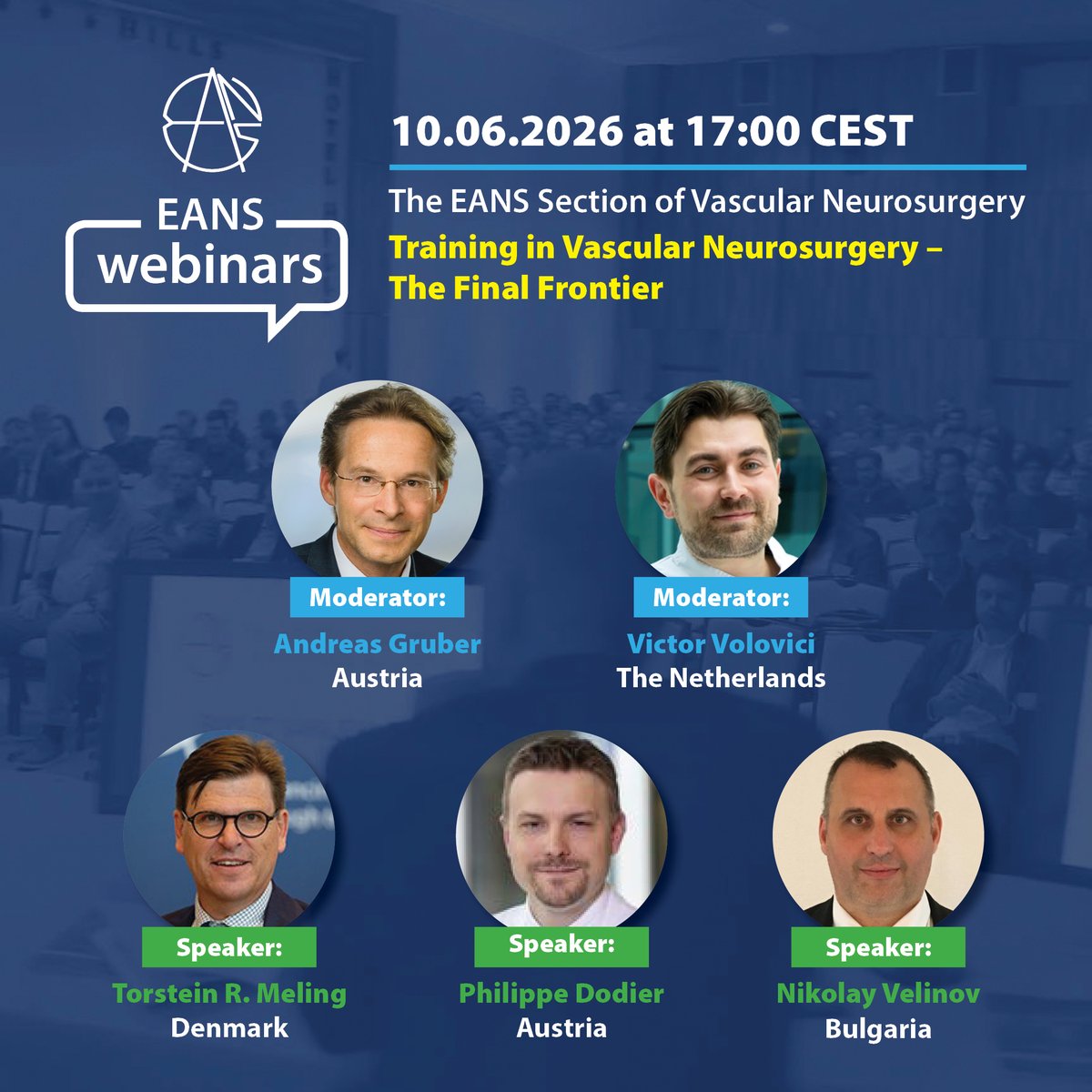 EANSonline50's tweet photo. 🧠 Join us for the next EANS webinar hosted by the EANS Section of Vascular Neurosurgery entitled: Training in Vascular Neurosurgery - The final frontier.

Speakers:
Torstein R. Meling (Denmark)
Philippe Dodier (Austria)
Nikolay Velinov (Bulgaria)

Moderated by:
Andreas Gruber (Austria)
Victor Volovici (The Netherlands)

We look forward to welcoming you for an engaging discussion.

📅 10 June 2026, 17:00 CEST

📣Don’t miss out – The registration is free!

🔗 https://t.co/BXYRlCXEef

#EANSonline #EANSwebinar #Neurosurgery #Vascular