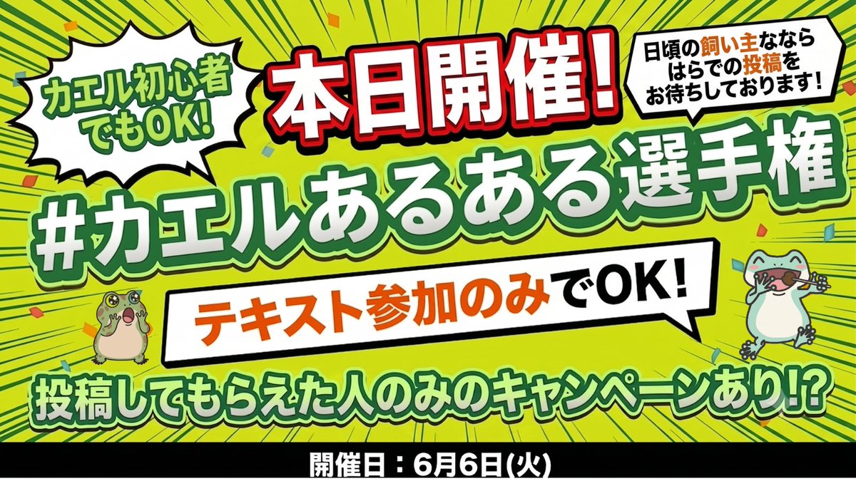leobait1's tweet photo. ＼ 🐸本日開催！ #カエルの日 お祭りイベント 🐸 ／

  第一回「#カエルあるある選手権」スタート🎉
カエル飼いの皆様、お待たせしました！ 

本日限定で、皆様の愛ガエルにまつわる「あるあるネタ」を大募集します✨ 

 テキストだけでも、自慢の写真や動画付きでも大歓迎！ みんなでタイムラインをカエル一色にして盛り上がりましょうコケッ！👇  

🎁豪華特典 🏆
いいね数上位3名様：Amazonギフト券 3,000円分 ✨
参加者【全員】：公式サイト10%OFFクーポン券  

🛠参加手順 
1️⃣ レオバイト（@leobait1）をフォロー
2️⃣ この投稿を【リポスト（RT）】 
3️⃣ この投稿の【コメント欄（リプ欄）】にあるあるネタを投稿！  
（例：水皿のフチに手をかけて完全に温泉浸かってるおっさんになってる / ピンセットに全力で飛びついてくる）  

締切：本日6月6日 23:59まで！ たくさんのご参加お待ちしております！🐸📸

#カエルあるある選手権 #カエル #カエル好き #ツノガエル #イエアメガエル #アマガエル #カエルの日