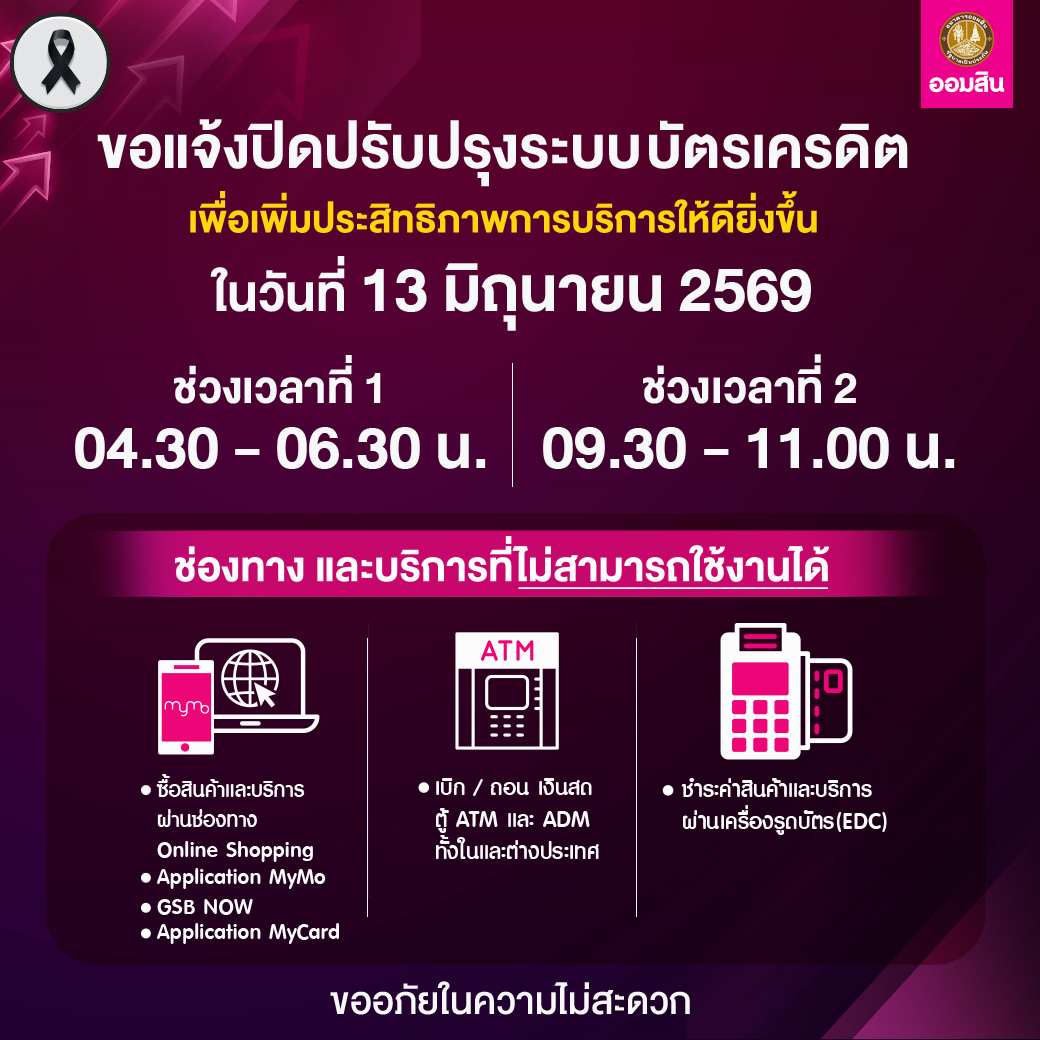 GSBSociety's tweet photo. ⚠️ ธนาคารออมสิน ขอแจ้งปิดปรับปรุงระบบบัตรเครดิตชั่วคราว เพื่อเพิ่มประสิทธิภาพการบริการให้ดียิ่งขึ้น

⛔️ ทำให้ลูกค้าไม่สามารถใช้บริการได้ในวันที่ 13 มิถุนายน 2569 ตามช่วงเวลาดังนี้
🔺 ช่วงที่ 1 เวลา 04.30 - 06.30 น.
🔺 ช่วงที่ 2 เวลา 09.30 - 11.00 น.

โดยกำหนดปิดระบบชั่วคราวในช่วงเวลาที่มีการทำธุรกรรมน้อยที่สุด และคำนึงถึงผลกระทบต่อผู้ใช้บริการเป็นสำคัญ
หากมีข้อสงสัยสามารถสอบถามข้อมูลเพิ่มเติมได้ที่ GSB Contact Center โทร. 1115

กรุณาวางแผนการทำธุรกรรมล่วงหน้า
ธนาคารขออภัยในความไม่สะดวกมา ณ ที่นี้