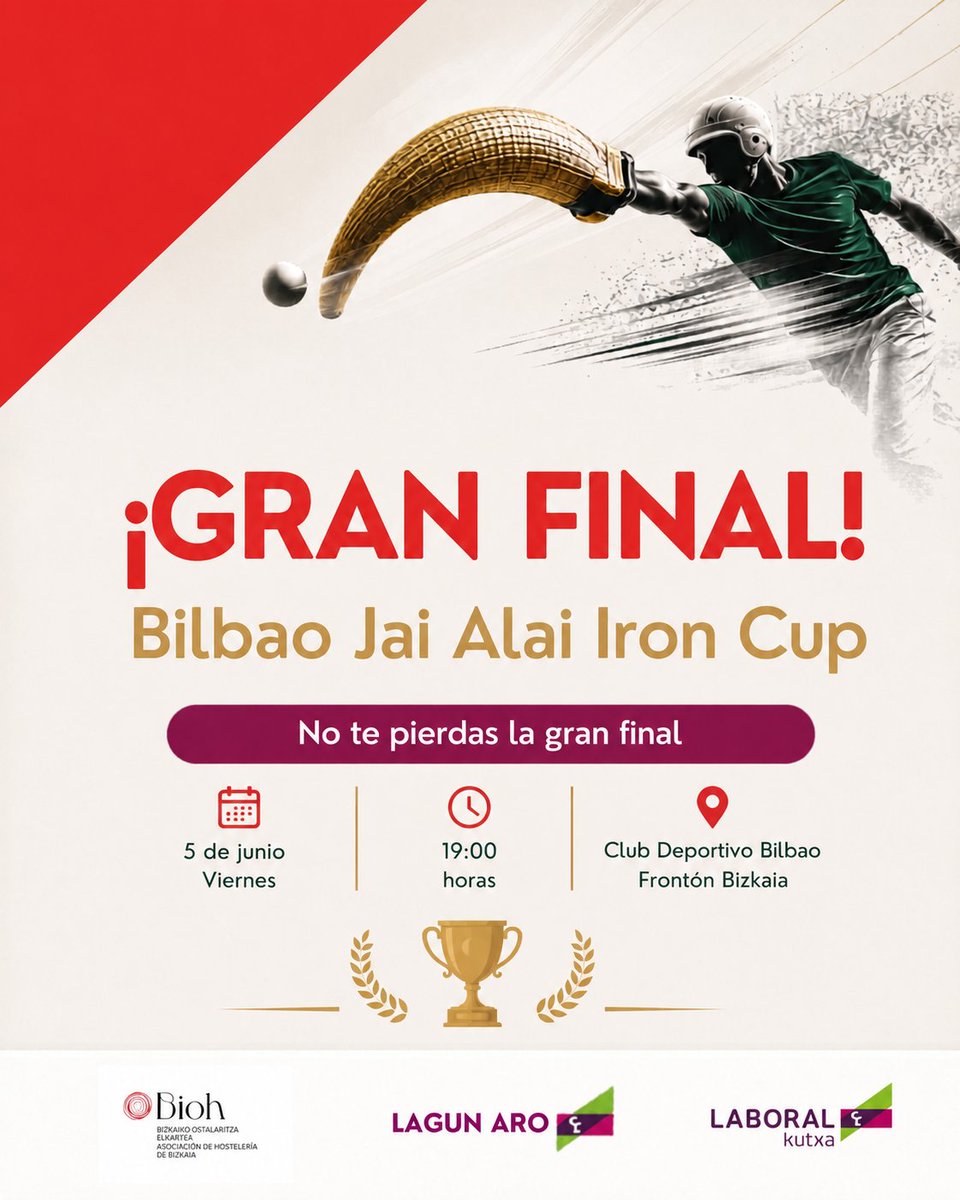 asochostbizkaia's tweet photo. 🏆 ¡Hoy es la gran final del Bilbao Jai Alai Iron Cup! No te pierdas la emoción de la cesta punta y el increíble ambiente. Gracias a @LABORALkutxa por las entradas para nuestros asociados. Nos vemos en el evento. #BilbaoJaiAlai #CestaPunta https://t.co/u2M64Bq3GC