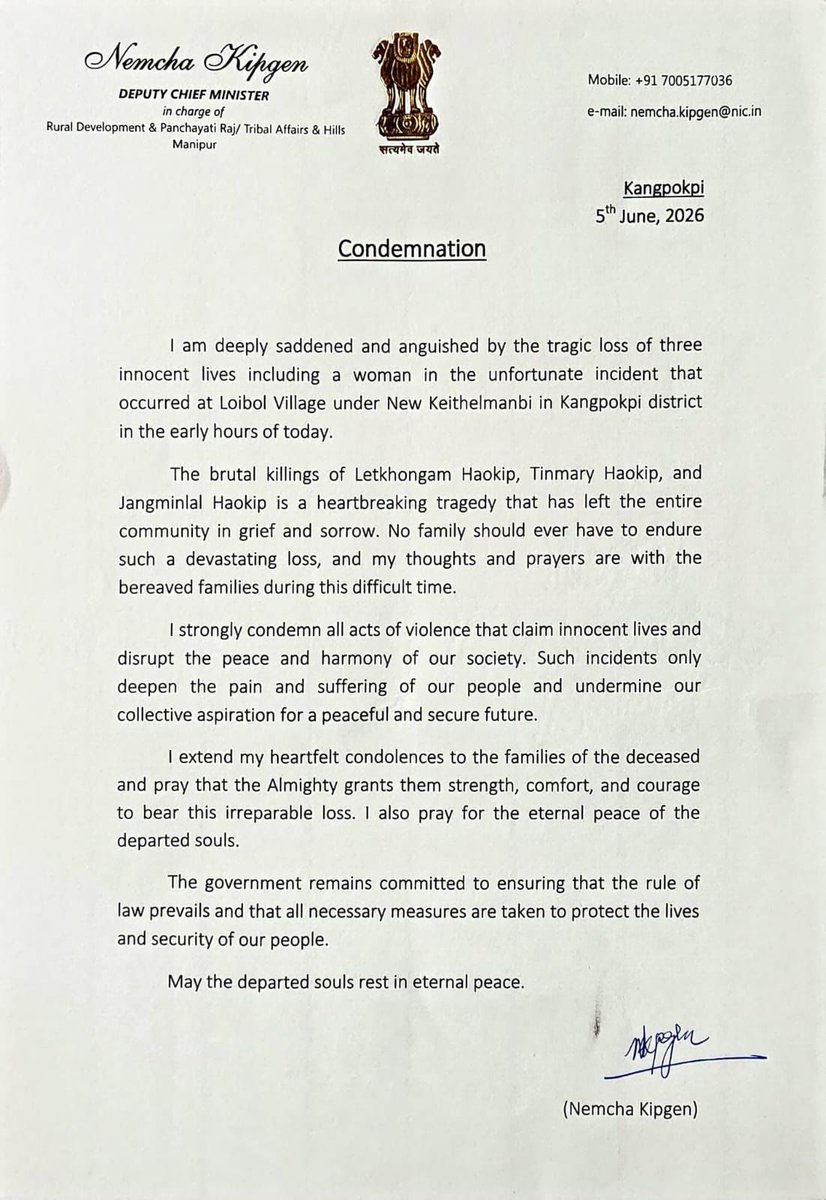 haokipkim128's tweet photo. As outrage grows over the brutal killing of three villagers, the silence of the Chief Minister @YKhemchandSingh has become increasingly conspicuous. While the state's highest elected leader has found time to share updates on plantation drives and official engagements, there has been no public expression of grief, condemnation, or assurance of justice for the victims and their families.
In stark contrast, condemnations have already started pouring in from public representatives across the hill districts. Among those who have spoken out are the Deputy CM -Pi Nemcha Kipgen, Pu Haokholet Kipgen, and Pi Kimneo Hangshing, who have condemned the killings and called for accountability and protection of civilians.
Their statements reflect the anguish and concern felt by ordinary citizens who continue to live under the shadow of violence and insecurity. At a time when communities are mourning the loss of innocent lives, words of sympathy and assurance from the state's leadership are not merely symbolic—they are a basic expectation.
Three lives have been lost. Families have been shattered. Yet, while elected representatives have begun raising their voices in condemnation, the Chief Minister's silence remains deafening.
The people of Manipur deserve leadership that responds with urgency and compassion when citizens are killed. 𝙎𝙖𝙥𝙡𝙞𝙣𝙜𝙨 𝙘𝙖𝙣 𝙗𝙚 𝙥𝙡𝙖𝙣𝙩𝙚𝙙 𝙩𝙤𝙢𝙤𝙧𝙧𝙤𝙬; 𝙟𝙪𝙨𝙩𝙞𝙘𝙚, 𝙨𝙚𝙘𝙪𝙧𝙞𝙩𝙮 𝙖𝙣𝙙 𝙝𝙪𝙢𝙖𝙣 𝙡𝙞𝙫𝙚𝙨 𝙘𝙖𝙣𝙣𝙤𝙩 𝙬𝙖𝙞𝙩.

@adgpi
@Spearcorps
@official_dgar
@easterncomd
@crpfindia 
@BSF_India
@PMOIndia 
@HMOIndia 
@rajnathsingh 
@DefenceMinIndia 
@SpokespersonMoD  
@PIBHomeAffairs
@thewire_in @kthaparoffice
@kharge @PUCLindia
@RahulGandhi 
@SupriyaShrinate 
@Jairam_Ramesh 
@Pawankhera 
@srinivasiyc 
@Allavaru
@PIBHomeAffairs
@ndtvfeed @ndtv @CNN 
@thewire_in @IndiaTodayNE
@actorvijay
@prakashraaj
@mrinalinidhyani @KaranThapar_TTP 
@newslaundry @EastMojo @AJEnglish
@ukhrultimes @timesofindia
@TimesNow @htTweets
@globaltimesnews @PTI_News 
 @BBCWorld @JuKrick_
@BBCBreaking @rashtrapatibhvn @VPIndia @LokBhavManipur