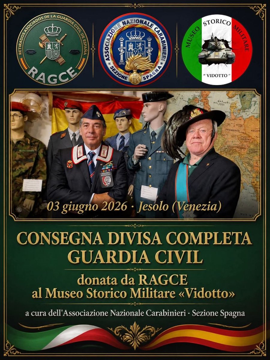 RAGCEasociados's tweet photo. #RAGCE ha hecho entrega oficial de un uniforme de la @guardiacivil al Museo Histórico Militar de Italia, que dirige el Bersagliere y Caballero de Gran Cruz al Mérito de la República Italiana, Franco Vidotto.
@_Carabinieri_
#SiempreGuardiaCivil 
#NuestroPresenteEsVuestroFuturo https://t.co/UUlenNqNMl