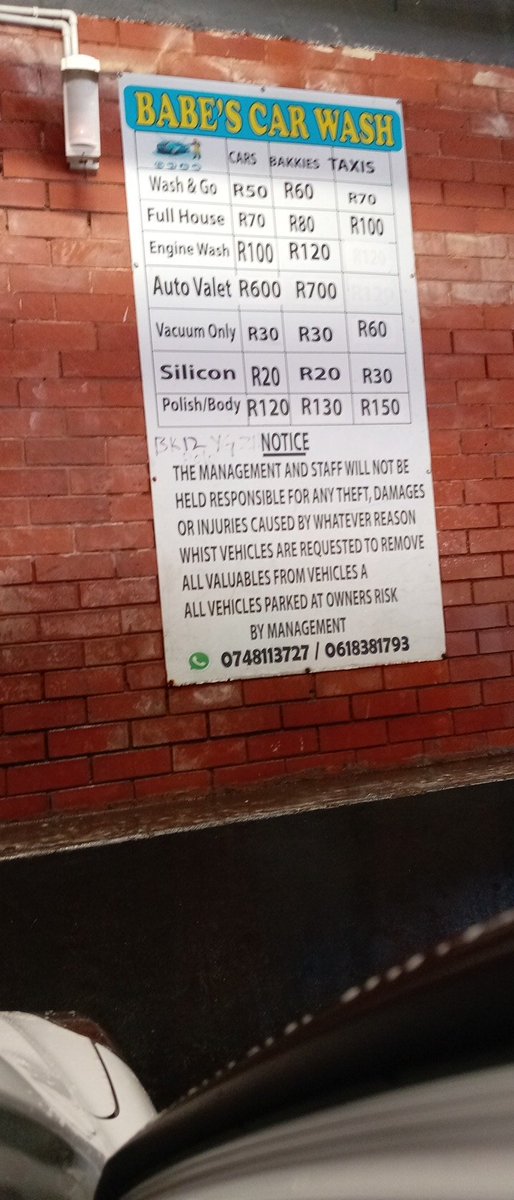 _MNQOBi_'s tweet photo. There's a carwash  underneath the parking lots at Berea Center, Durban. Man the service is soo exceptional!.... Was in and out in less than 30 mins. Attached are their prices. Do check them out✌️🙏 https://t.co/EUnmoEZx25