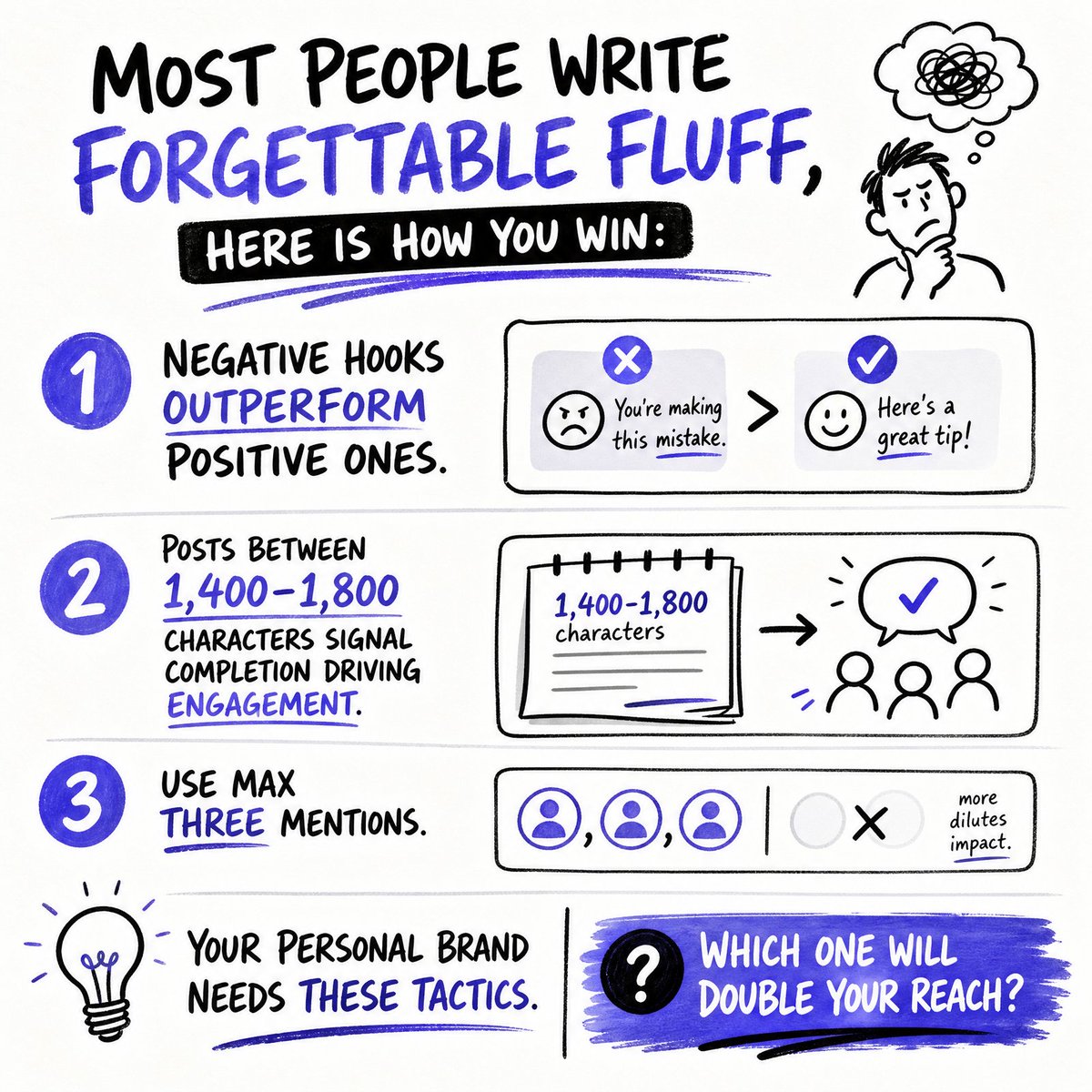 giststack's tweet photo. Most people write forgettable fluff, here is how you win:

Negative hooks outperform positive ones.

Posts between 1,400–1,800 characters signal completion driving engagement.

Use max three mentions. Avoid hashtags entirely.

Which one will double your reach? https://t.co/VVcxJ71Vc5