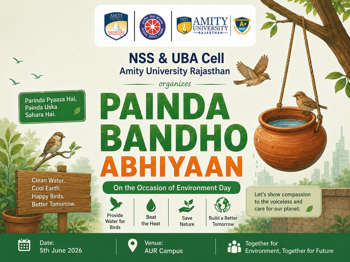 AmityNss's tweet photo. 🌿💧 World Environment Day Celebration 💧🌿

The NSS Cell, Amity University Rajasthan, celebrated World Environment Day with a meaningful initiative by tying Parindas (water pots) on trees to provide water for birds during the scorching summer months. https://t.co/CHWuAVb2DO