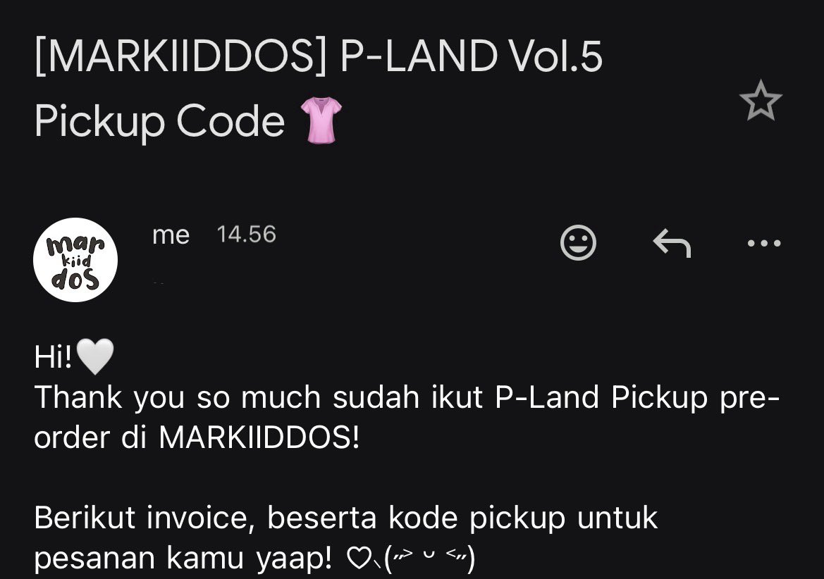 markiiddos's tweet photo. Info untuk P-land pickup PO👚

Invoice dan pickup codenya sudah aku kirim ke email masing-masing yaap! silahkan dicek inbox emailnya^^ https://t.co/uaeH8bBKsv