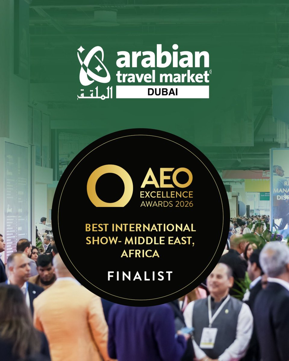 ATMDubai's tweet photo. We're honoured to be shortlisted for Best International Show – Middle East, Africa at the AEO Excellence Awards 2026. A genuine thank you to our exhibitors, visitors, and partners — this one belongs to the wider community.

#ATM2026 #AEOAwards #GlobalTourism https://t.co/YIhWO9TuJL