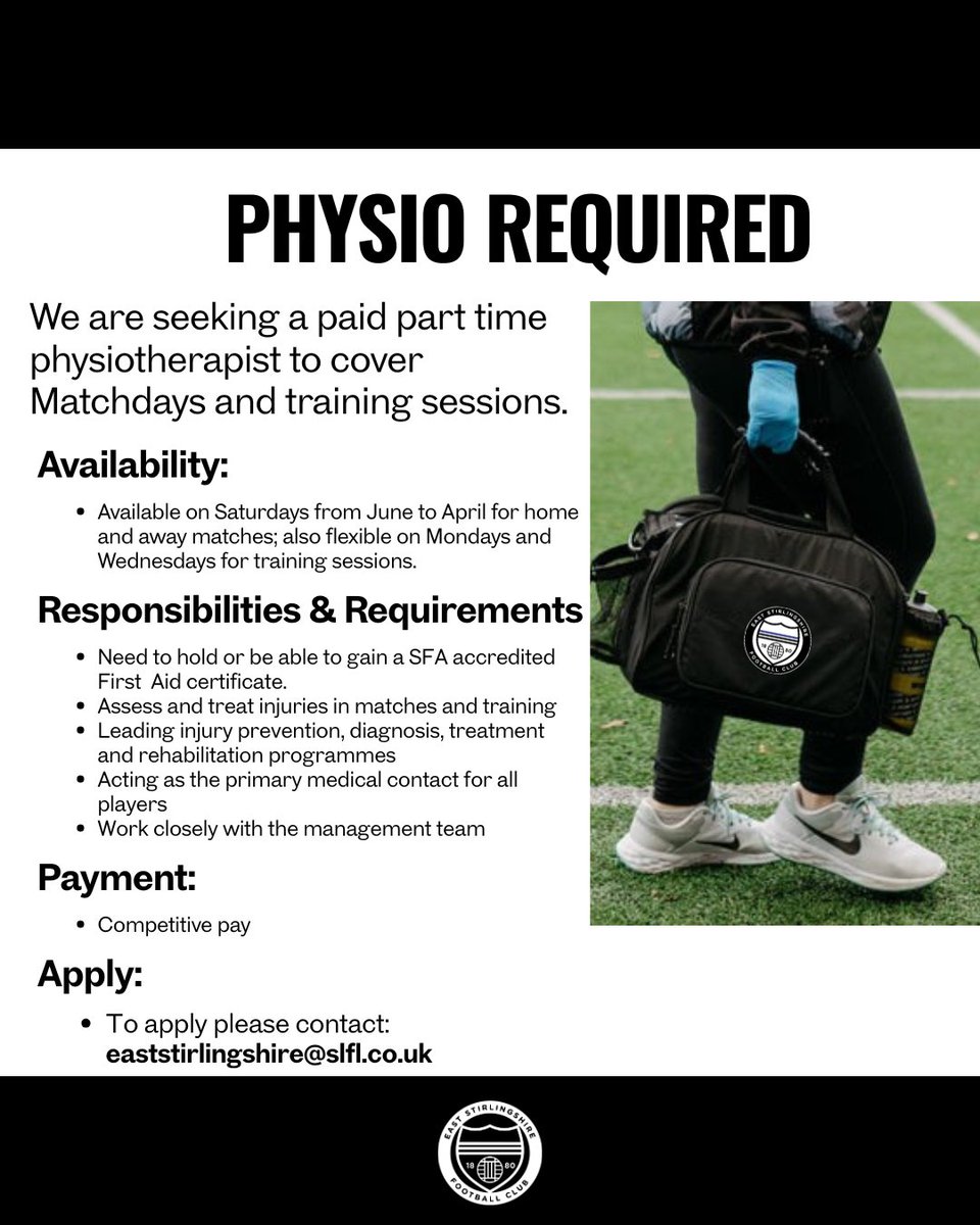 TheShireFC's tweet photo. 🧑‍⚕️|  𝗣𝗛𝗬𝗦𝗜𝗢𝗧𝗛𝗘𝗥𝗔𝗣𝗜𝗦𝗧 𝗥𝗘𝗤𝗨𝗜𝗥𝗘𝗗

To apply please contact: eaststirlingshire@slfl.co.uk

#EaseUpShire https://t.co/OMKUlFbrG7