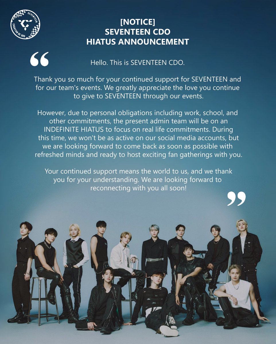 SVTCDO's tweet photo. [📢] SEVENTEEN CDO's INDEFINITE HIATUS ANNOUNCEMENT

Until we meet again, CDO CARATs. Thank you for everything. 🩵🩷

#SVTCDO https://t.co/e9dvmWXB1y