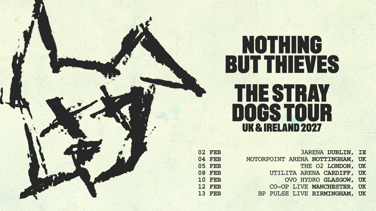 TicketmasterUK's tweet photo. ON SALE NOW!🔊

Nothing But Thieves to tour the UK next February, as they enter a new era, following the release of their new album New album ‘Stray Dogs’  set to drop  25 Sept.

🎟️Tickets>> https://t.co/KzqRlt9WII https://t.co/RoXLQt0Rzz