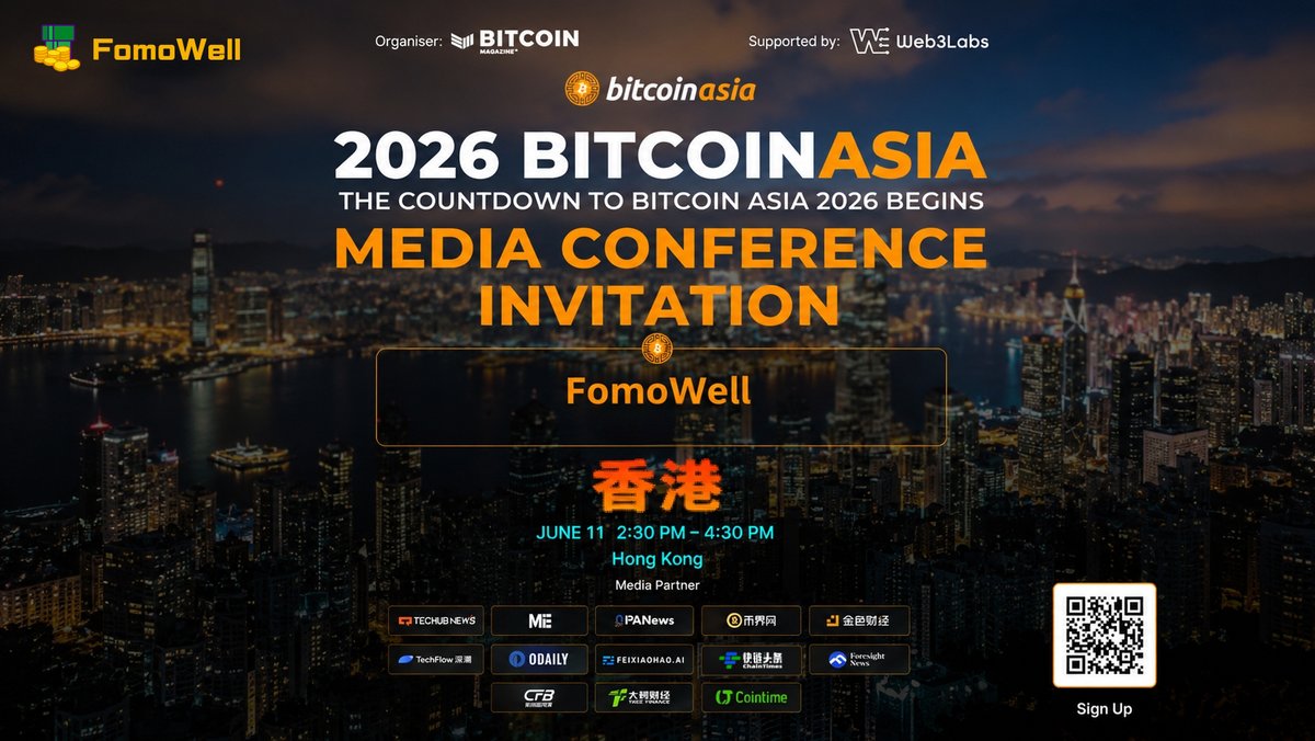 FomowellX's tweet photo. FomoWell has been invited to attend the #BitcoinAsia 2026 Media Conference & Global Launch in Hong Kong.

The event will bring together global media, industry leaders, ecosystem builders, and capital representatives around one of the most anticipated Bitcoin gatherings of the year.

From institutional participation to a thriving ecosystem, from a store of value to BTCFi innovation, Bitcoin is entering a new phase of development.

The next chapter of Bitcoin is being written.

FomoWell will continue building within the Bitcoin ecosystem, working alongside global industry partners to advance the growth of BTCFi and unlock new possibilities for Bitcoin.

See you in Hong Kong. ₿

#Bitcoin #BTCFi #BitcoinAsia #FomoWell