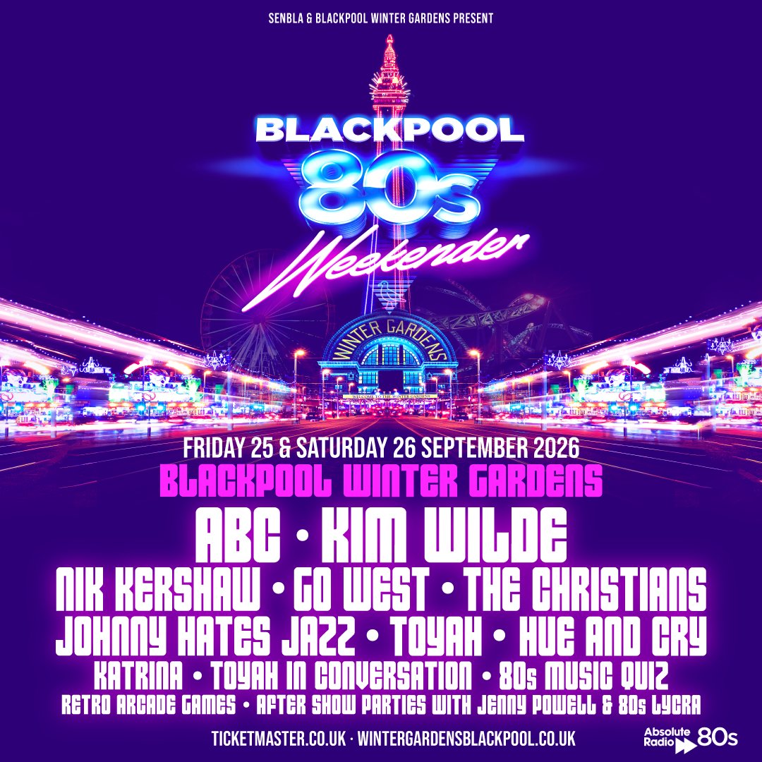 TicketmasterUK's tweet photo. Just announced! Nik Kershaw and Toyah: In Conversation are joining Blackpool 80s Weekender this September. Plus Kim Wilde, ABC, Go West and more. 🔊

Get your tickets now 👉 https://t.co/OdOSpH7G63 https://t.co/4buLyBLR1h
