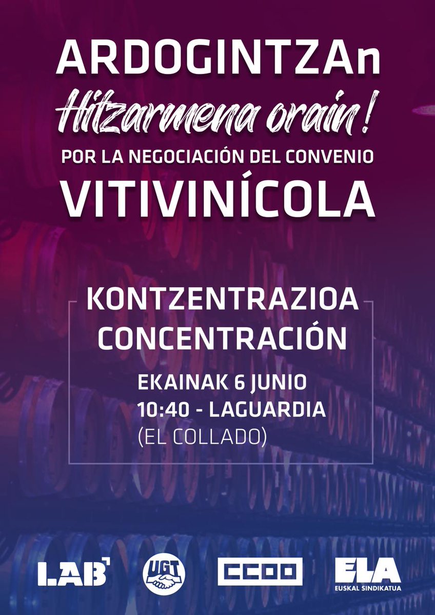 LABGasteiz's tweet photo. 🍇✊💥⚠️🍷👇👇
Arabako Ardogintzan Hitzarmena orain!

Por la negociación del convenio Vitivinícola de Araba!

🗓️ Ekainak 6 Junio
🕦 10:40
📍El collado (Laguardia) https://t.co/DpYPavVg6U