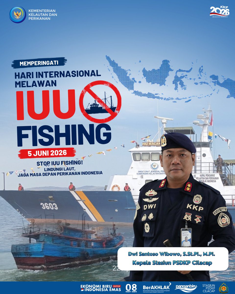 cilacap_psdkp's tweet photo. 🎣🌊 Hari Internasional Melawan IUU Fishing mengingatkan kita bahwa laut yang lestari membutuhkan pengelolaan yang bertanggung jawab.
Mari bersama menolak praktik penangkapan ikan ilegal yang merugikan negara, nelayan, dan keberlanjutan sumber daya perikanan.
🐟 Stop IUU Fishing. https://t.co/x3PnBd62mj