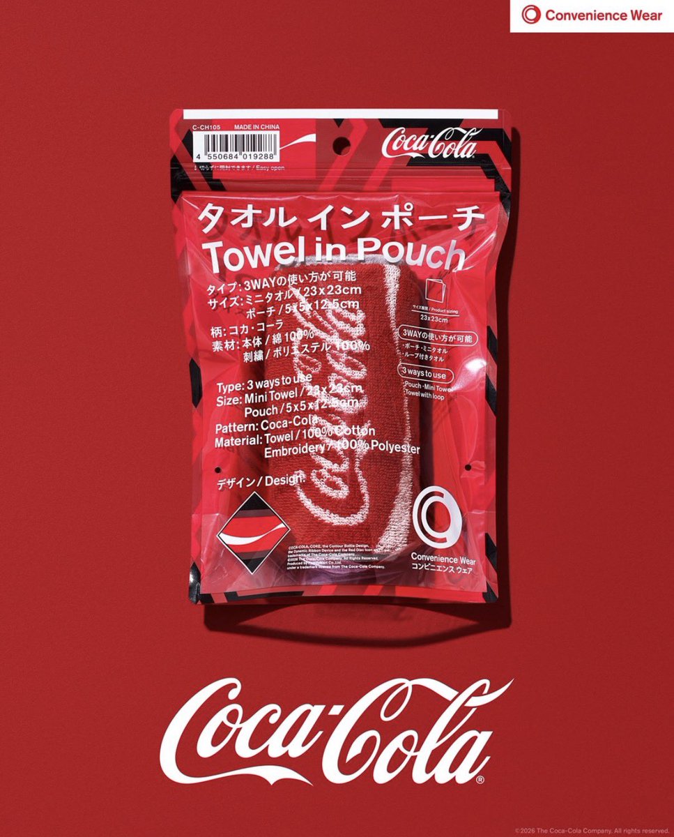 apri_kamo's tweet photo. えーかわいい！🥤

ファミマのコンビニエンスウェアのコカコーラコラボ！

ポーチ・タオル・タオル付ポーチの3WAY https://t.co/eVF6yYxz3g