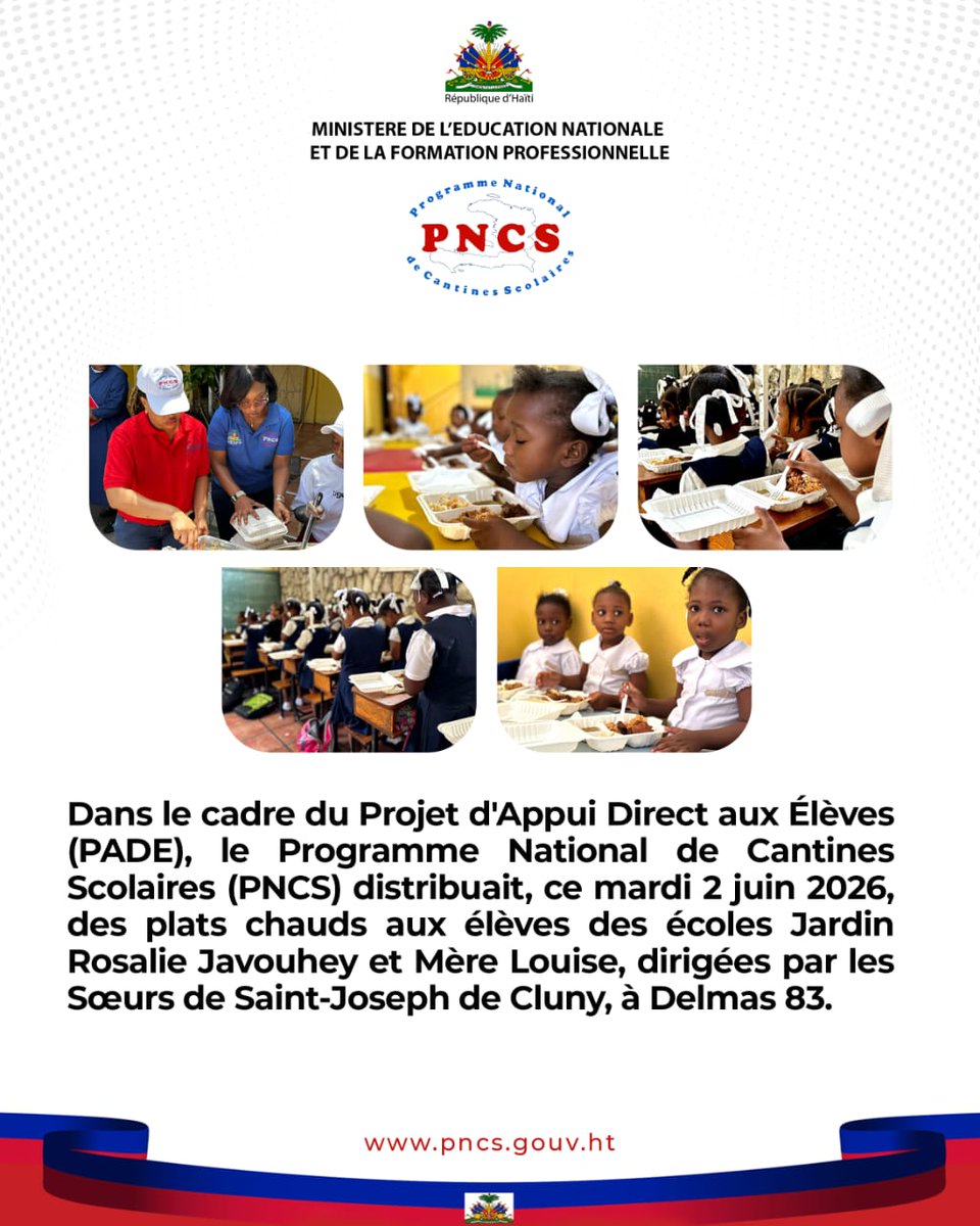 PNCSHT's tweet photo. Dans le cadre du Projet d'Appui Direct aux Élèves (PADE), le Programme National de Cantines Scolaires (PNCS) distribuait, ce mardi 2 Juin 2026, des plats chauds aux élèves des écoles Jardin Rosalie Javouhey et Mère Louise, dirigées/les Sœurs de Saint-Joseph de Cluny, à Delmas 83. https://t.co/v2m32lUHz8