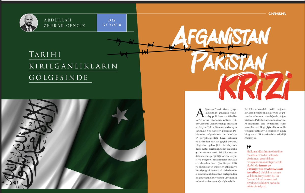 ABDULLAHZERRAR's tweet photo. "Tarihi kırılganlıkların gölgesinde Afganistan Pakistan krizi" yazımız
Cihannüma Dergi'de yayımlandı.
@Cihannumader 
#Afganistan
#Pakistan https://t.co/1TZEdS0905