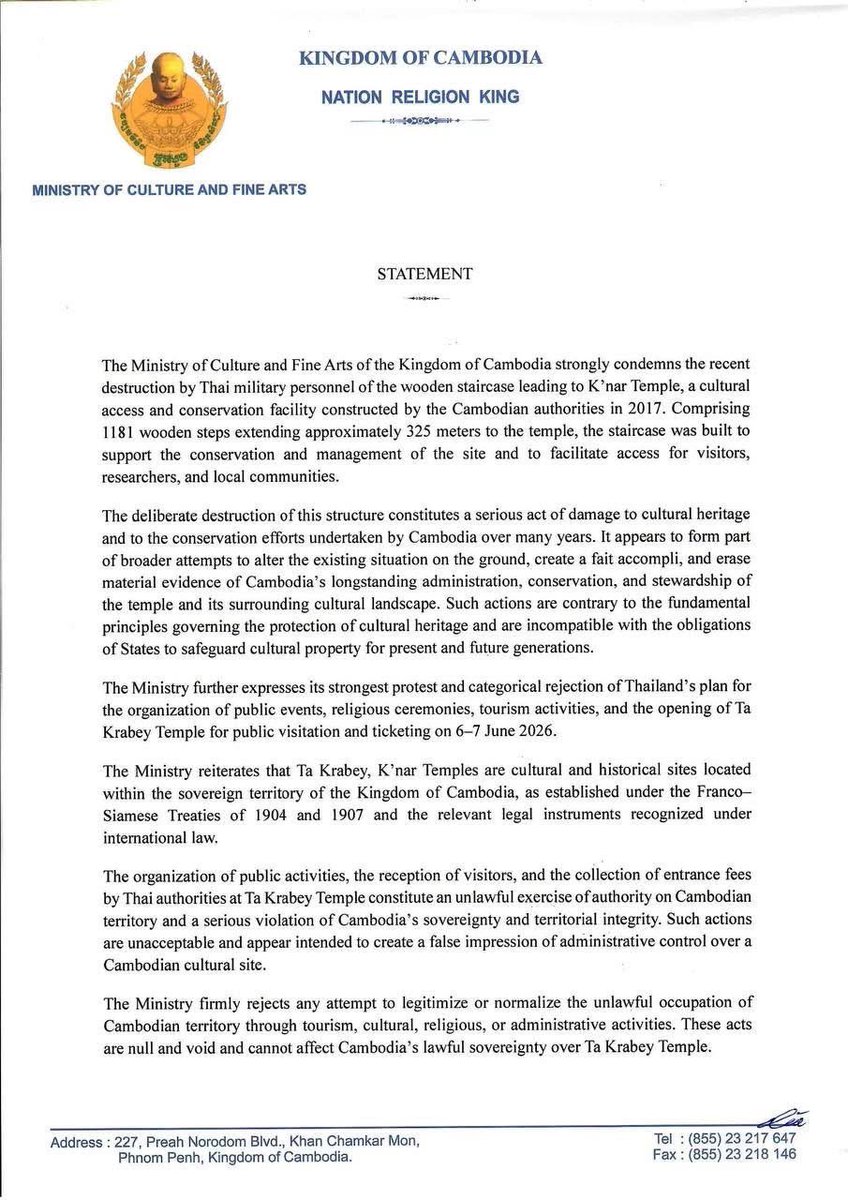 noansereiboth's tweet photo. Cambodia protested Thailand’s plan to hold a public events and religious ceremonies at Ta Krabey temple and open it for public visits and ticketing on June 6-7. Cambodia also condemned the recent destruction of a wooden staircase by Thai forces leading to K’nar temple, which was constructed by Cambodian authorities in 2017.