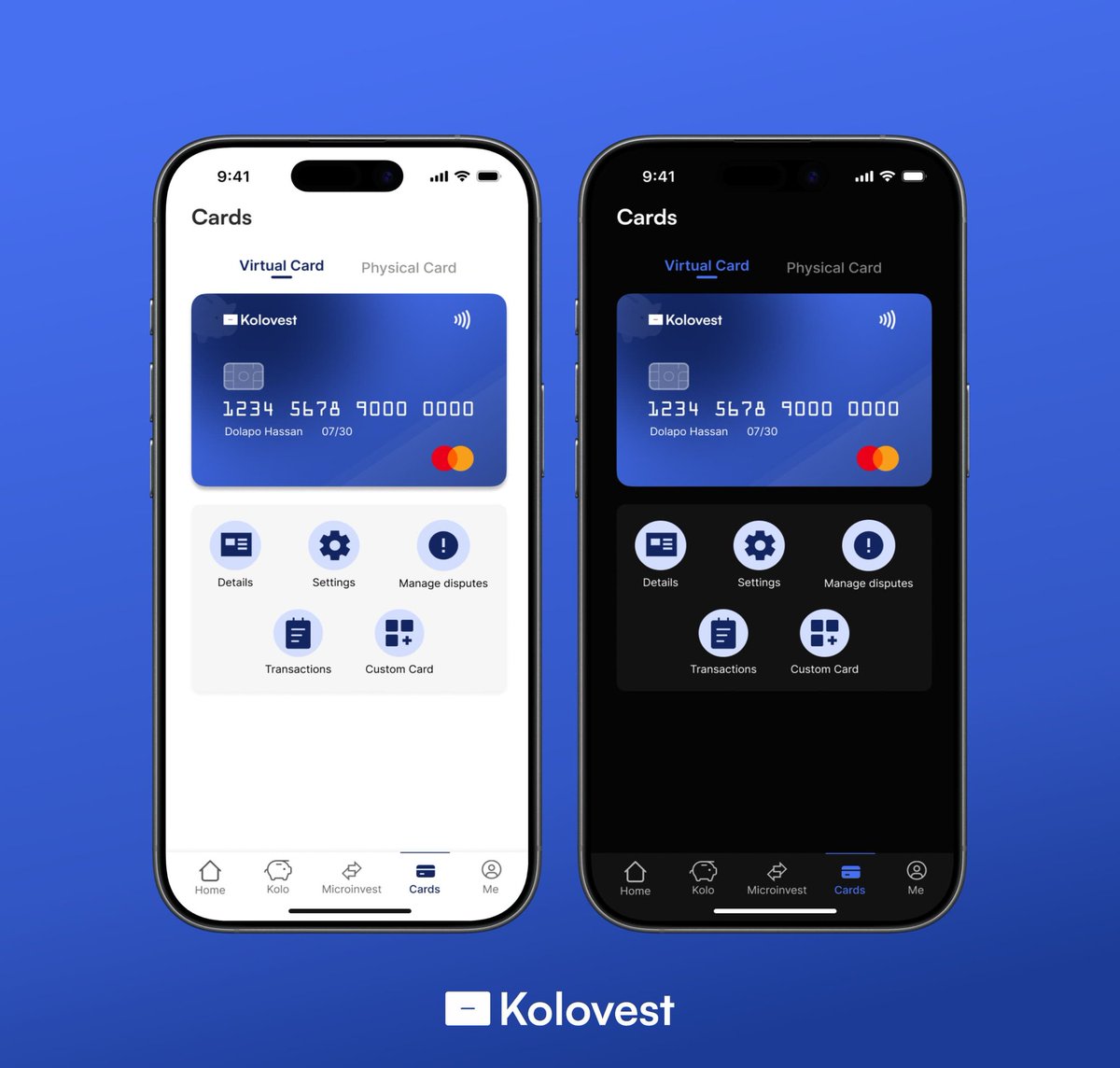 Abeeb0000's tweet photo. 40 days UI/UX Challenge 💙 
Day 19: Kolovest Debit Card &amp; Cards screen
Light and Dark themed versions ✅

We went for a simple and aesthetic design for our debit card 🤩
We want to know your thoughts on the debit card design, kindly share 🙏 

The screens are set as well. https://t.co/V3NmBLwN0K