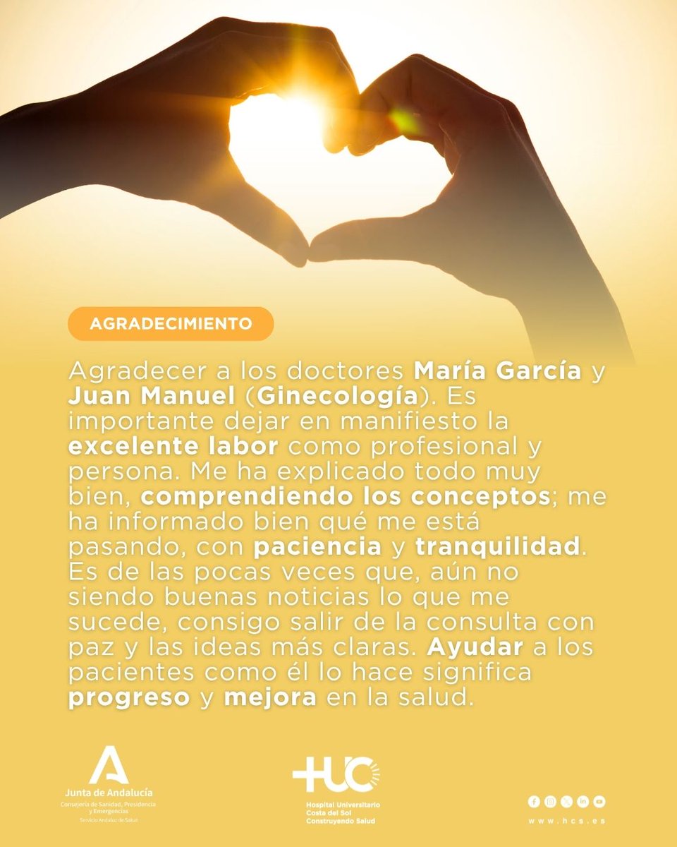 ASCostadelSol's tweet photo. #Gracias 💛 Desde el Hospital Universitario Costa del Sol queremos agradecer este mensaje que pone en valor la atención recibida en nuestra Unidad de Ginecología. Nos llena de orgullo ver que la profesionalidad y cercanía de nuestros compañeros importan 🙏 https://t.co/RxvnzNIE85