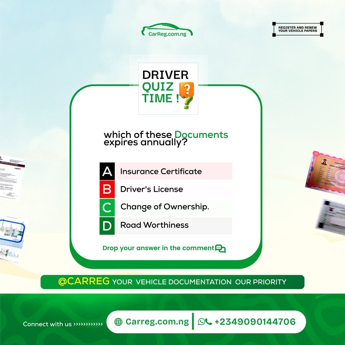 CarRegNG's tweet photo. Which of these documents expires annually? . Answer below. https://t.co/yil773j57q