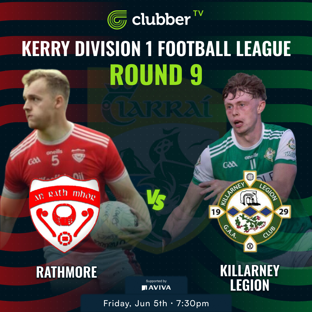 clubber's tweet photo. This weekend on #ClubberTV

Round 9 of the @Kerry_Official Division 1 Football League🏆

@rathmoregaa 🆚 @LegionGAA  
📅 Friday, June 5th 🕒 7:30pm

@AustinStacksGAA 🆚 @kenmaregaa  
📅 Sunday, June 7th 🕒 2:00pm

📺 Watch it live and exclusive on https://t.co/8RTIDVIpju https://t.co/QM5q4Dw2BT