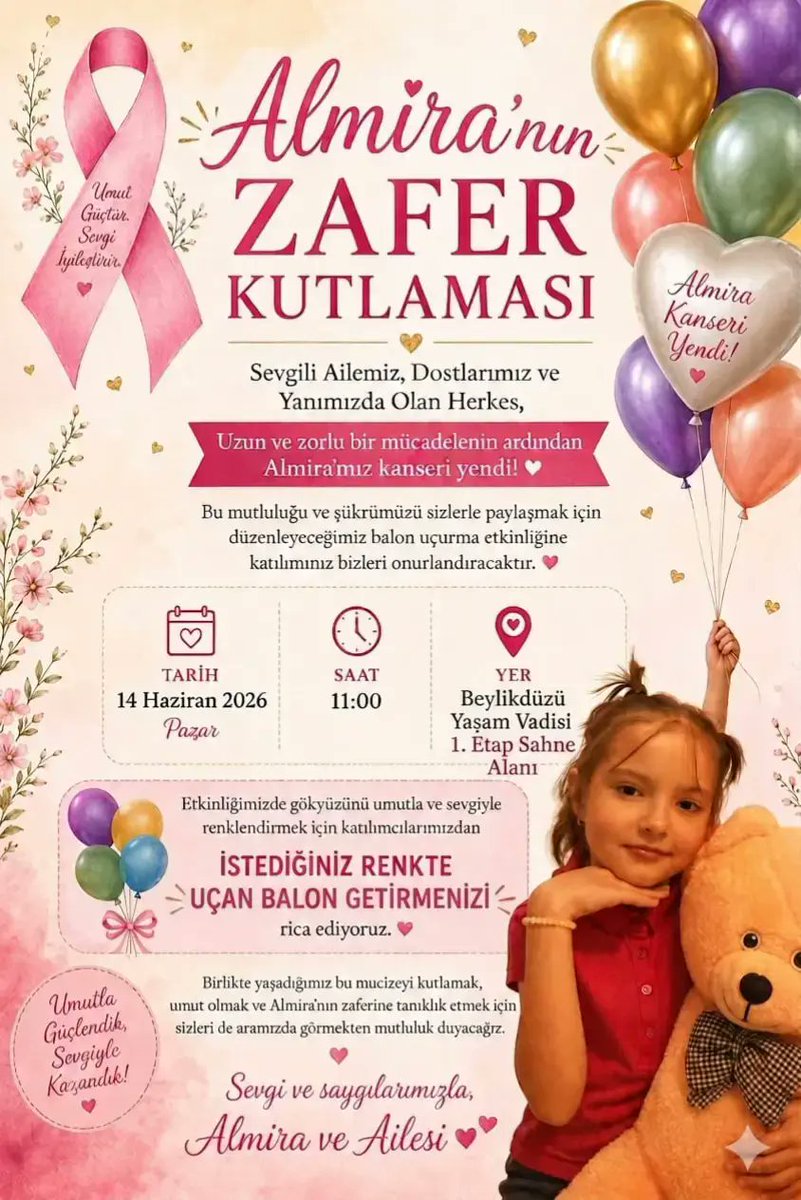 onedio's tweet photo. Kanseri yenen minik Almira için 14 Haziran’da Beylikdüzü’nde balon uçurma etkinliği düzenlenecek:

“Arkadaşlar bizim çok çevremiz yok, Almira kanseri yendi balon uçurmak istiyoruz. Gelir misiniz?” https://t.co/HyfaRKimnt
