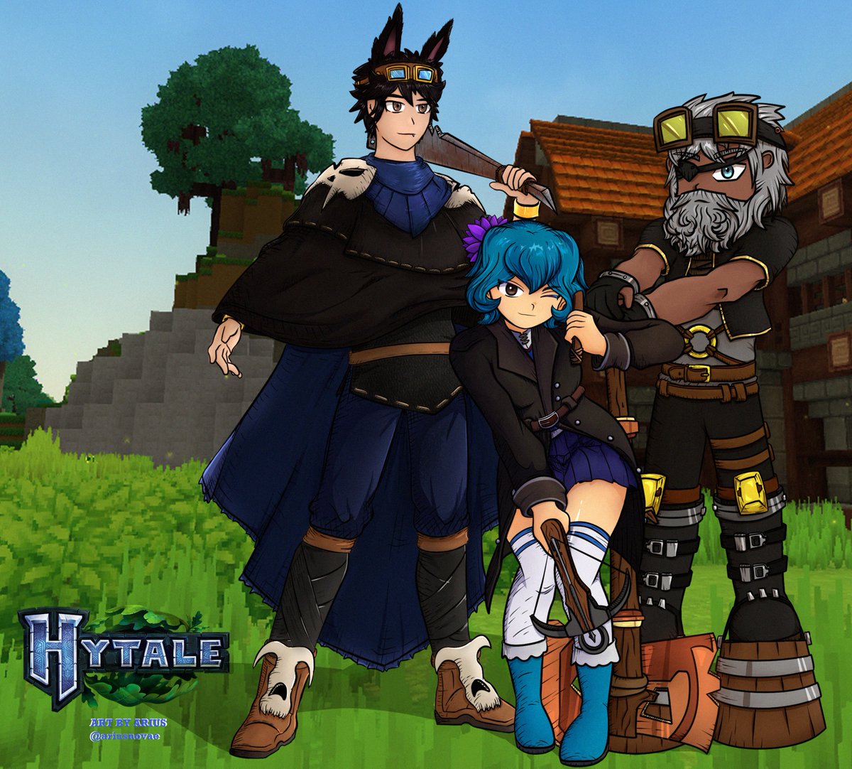 AriusNovae's tweet photo. This took me a long while to finish haha, art of me and my friends and a pic of our base in Hytale~ https://t.co/Nf44vO3O7N
