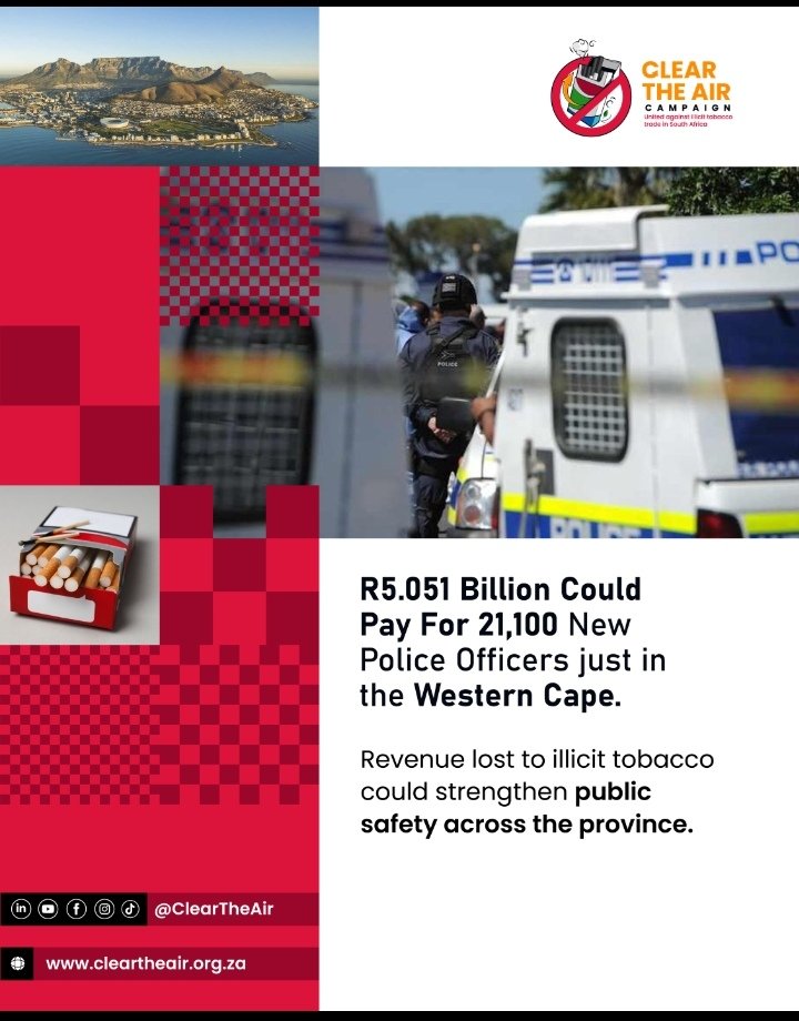 comforttenyeko's tweet photo. Young people thrive in communities where they feel safe, supported, and able to dream bigger.
According to a recent Western Cape study,the revenue lost each year to illicit tobacco trade could fund 21,100 new police
#ClearTheAir #YouthFirst #FutureGenerations
#WesternCape https://t.co/si0gGRXeYw