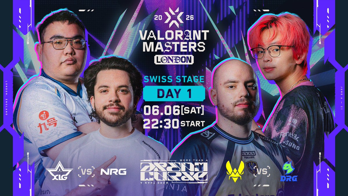 valesports_jp's tweet photo. #VALORANTMasters London 2026
Swiss Stage - Day 1
6/6(土) - 22:30 START👊

⚔️Match 1
@XLG_Valorant vs @NRGgg 

⚔️Match 2
@TeamVitalityVAL  vs @DRG_off 

🎙️キャスター
yue /@64xk 
Retloff /@Flarejpn 

大会の視聴はこちら
🔴https://t.co/yEeTZ3mosU
🟣https://t.co/b89Qq15qLP https://t.co/Xqn5U5tjN5