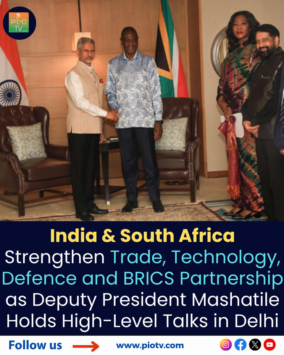 piotv1's tweet photo. 🇮🇳🤝🇿🇦 South African Deputy President Shipokosa Paulus Mashatile met India's top leaders to boost trade, technology, energy, defence &amp; #BRICS cooperation. 

Full Report: https://t.co/To7S12Bn5W

#IndiaSouthAfrica  #India #SouthAfrica #BRICS #Diplomacy #Trade 

Follow us @piotv1 https://t.co/DKnntMyiuL