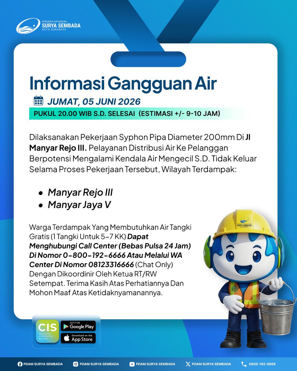 PDAMSurabaya's tweet photo. Informasi Gangguan Air :
Pekerjaan syphon pip diameter 200mm di Jl. Manyar Rejo III https://t.co/6IuYcveuQz