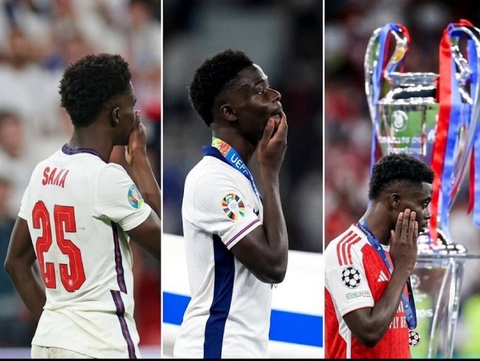 oboo_emma_'s tweet photo. Bukayo Saka has now been part of 4 different major European finals for club and country & he lost it all 

2019 Europa League final ❌
EURO 2020 final ❌
EURO 2024 final ❌
2026 Champions League final ❌

Football can be so cruel. Bukayo Saka deserves so much better💔
He will surely win one but maybe not with Arsenal.