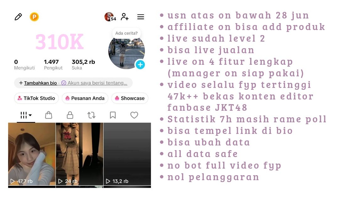 growinaday's tweet photo. ✨WTS AKUN TIKTOK SIAP PAKE✨

💰harga tertera 📷

💌 Bisa ubah data aman no bind 
💌 keterangan akun cek di bawah
💌 Affiliate on bisa add produk
💌 Bisa live jualan 
💌 live on 3/4 fitur

wts wtb jual acc tiktok
#zonauang  #zonajajan https://t.co/o9BswxeLP7