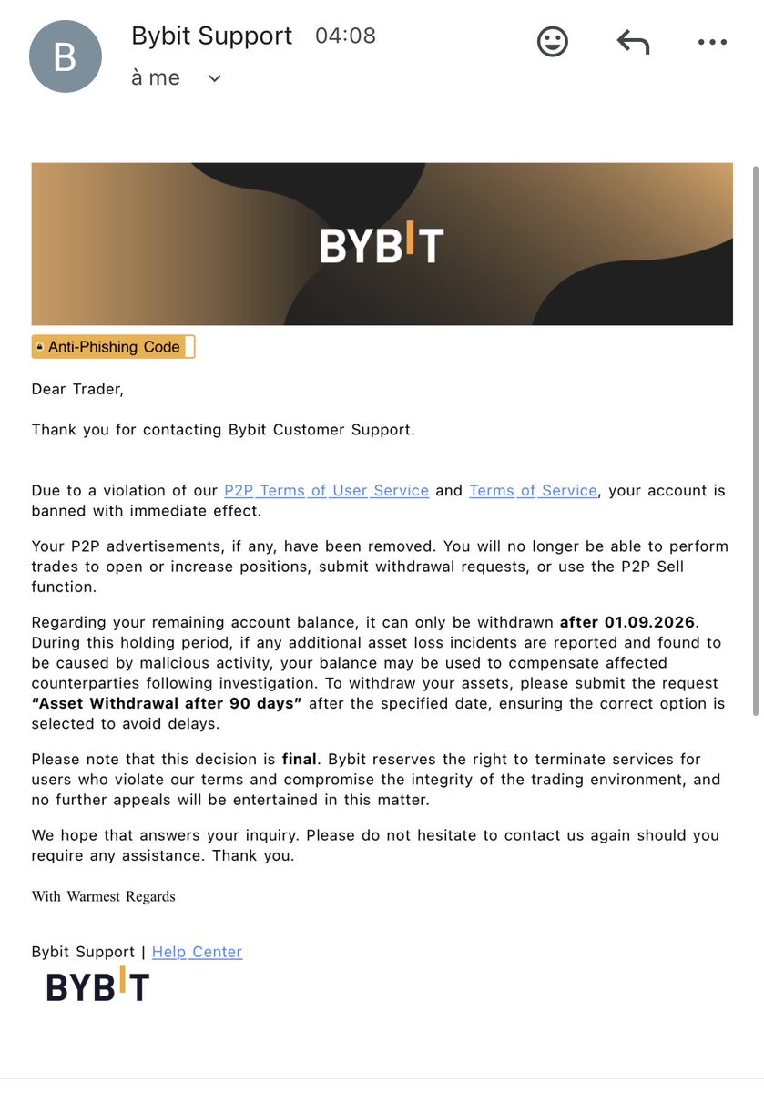 abderrahmanesaf's tweet photo. “Very disappointed with @Bybit
After years of loyal and honest trading on the platform, my account was suddenly banned without proper investigation or clear evidence!
My funds are locked until September with no appeal possible?
@BybitArabic @BybitAfrica https://t.co/Cajb9veWI0