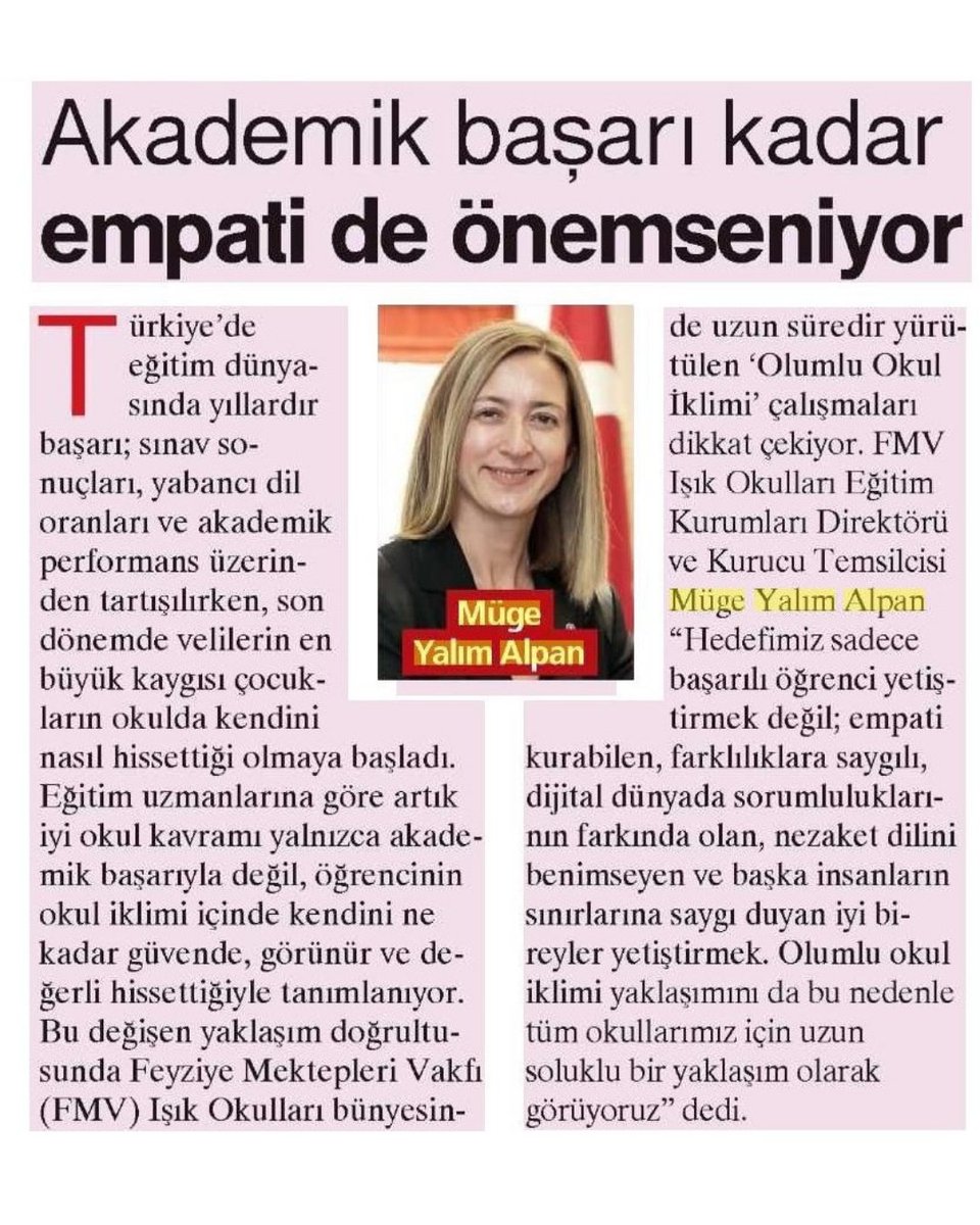 fmvisikokullari's tweet photo. FMV Işık Okulları Eğitim Kurumları Direktörü ve Kurucu Temsilcisi Müge Yalım Alpan Olumlu Okul İklimi çalışmalarımızı Milliyet ve Hürriyet gazetelerinde değerlendirdi:

#basındabiz #FMVIşık #fmvışıkokulları #ışıkokulları #önceiyiinsanyetiştirir #eğitimde140yıl https://t.co/EMXec3B1np