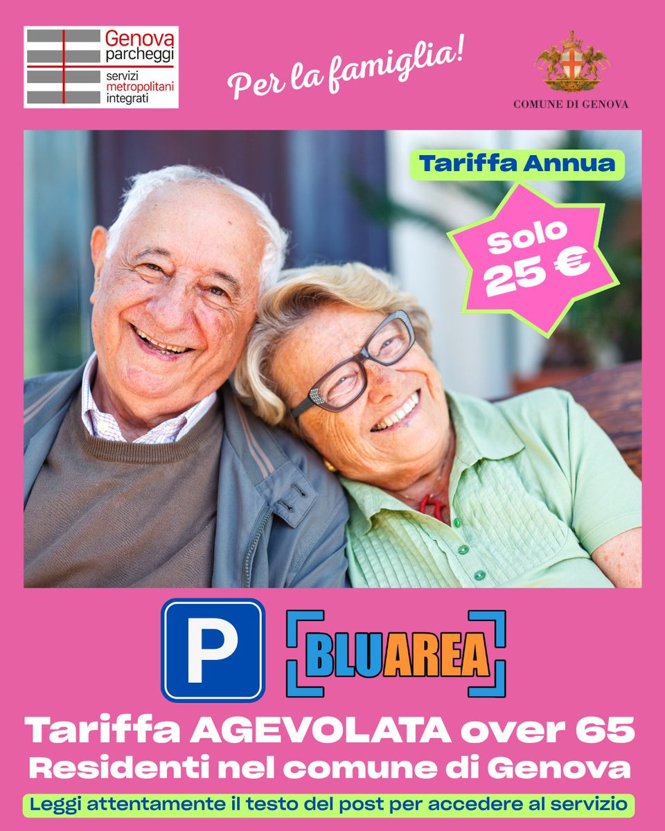 GenovaParcheggi's tweet photo. 📷 i residenti nel Comune di Genova di età superiore ai 65 anni appartenenti ad un nucleo familiare  (indice ISEE inferiore a 10.000)
possono richiedere un Abbonamento annuale valido in tutte le zone “Blu Area” (esclusi stalli in zona P) al costo di € 25/anno

#genovaparcheggi https://t.co/aEunLf851T