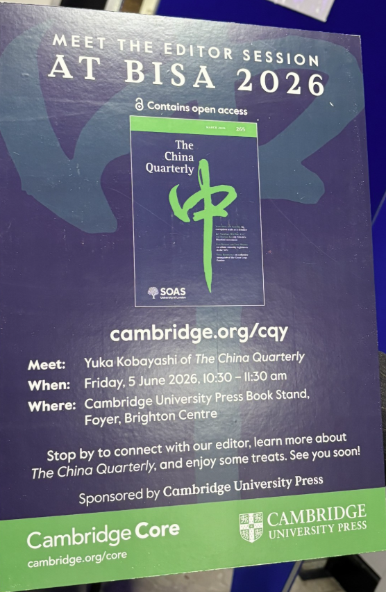 chinaquarterly's tweet photo. If you're at #BISA2026 please come and meet Yuka Kobayashi, co- editor of The China Quarterly. 10.30 am, Cambridge University Press stand. https://t.co/p2X515FeKZ