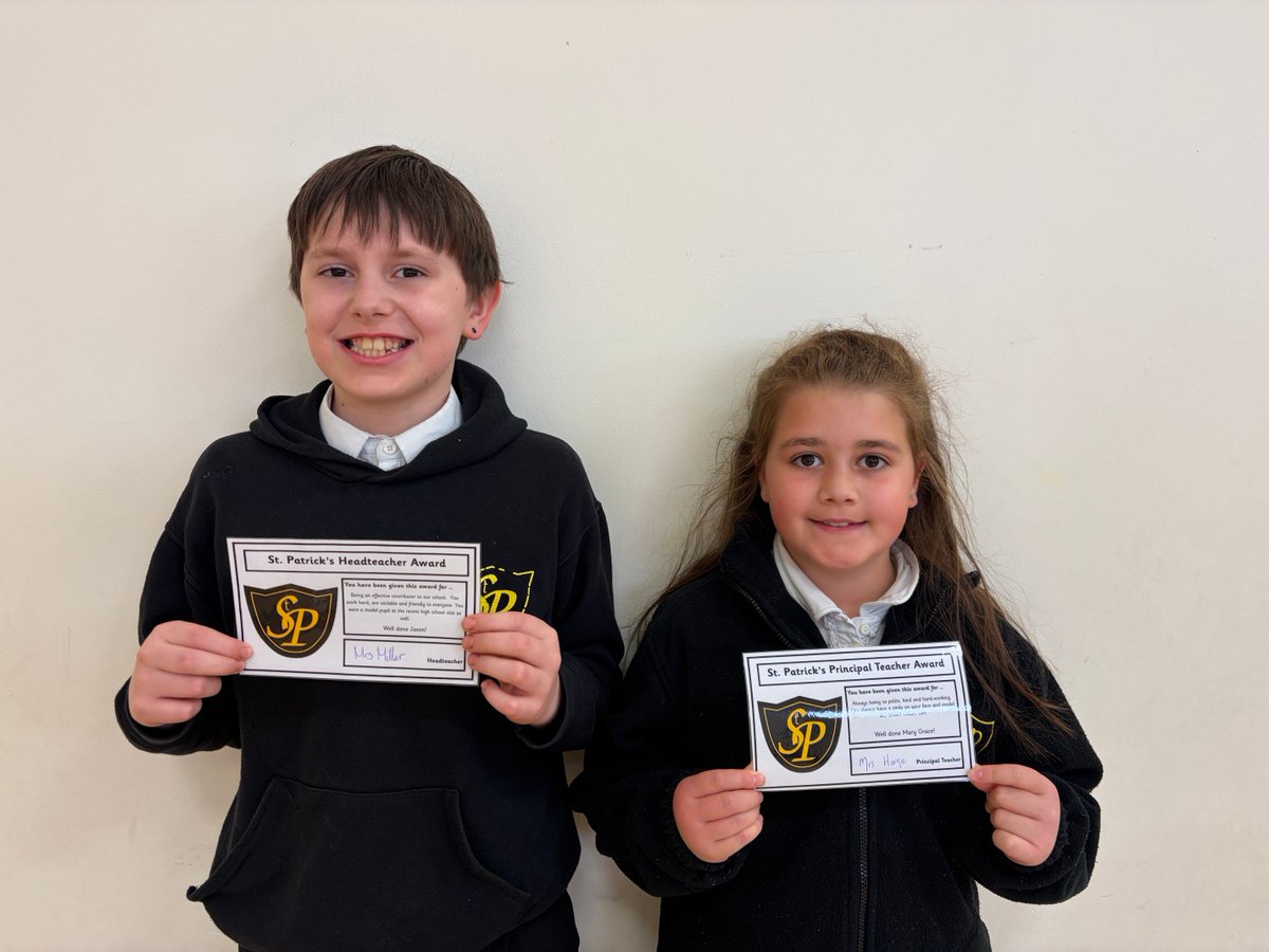 StPatricksRCPS's tweet photo. Congratulations to Jaxon and Mary Grace who are the proud recipients of our HT &amp; PT awards this week. They always demonstrate our school values cheerfully! 💛🖤💛#stpatsproud https://t.co/Cv8e0kbrHr