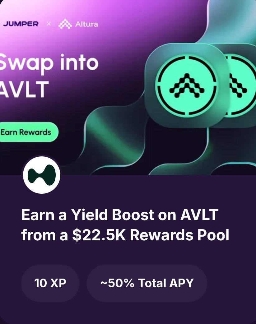 jayed004's tweet photo. ✒️ Earn boosted yield on AVLT with Jumper

@jumperpass and @alturax are distributing a $22.5K USDC rewards pool to AVLT holders.

How to participate:

1️⃣ Bridge or swap from any supported chain using Jumper
2️⃣ Swap into AVLT on HyperEVM
3️⃣ Hold AVLT in your wallet until the campaign ends

✨ Rewards are streamed based on how much AVLT you hold and for how long you hold it.

📈 Estimated APY: ~50% 
🎁 Rewards Pool: $22.5K USDC 
⏰ Ends: June 16